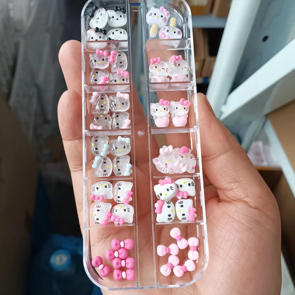 12grids/Box 3D Cartoon Bow Hello Kitty Head Nail Art Charms Kawaii Glittery Kitty Cat Flat Back Nail Decorations KT Manicure Dec