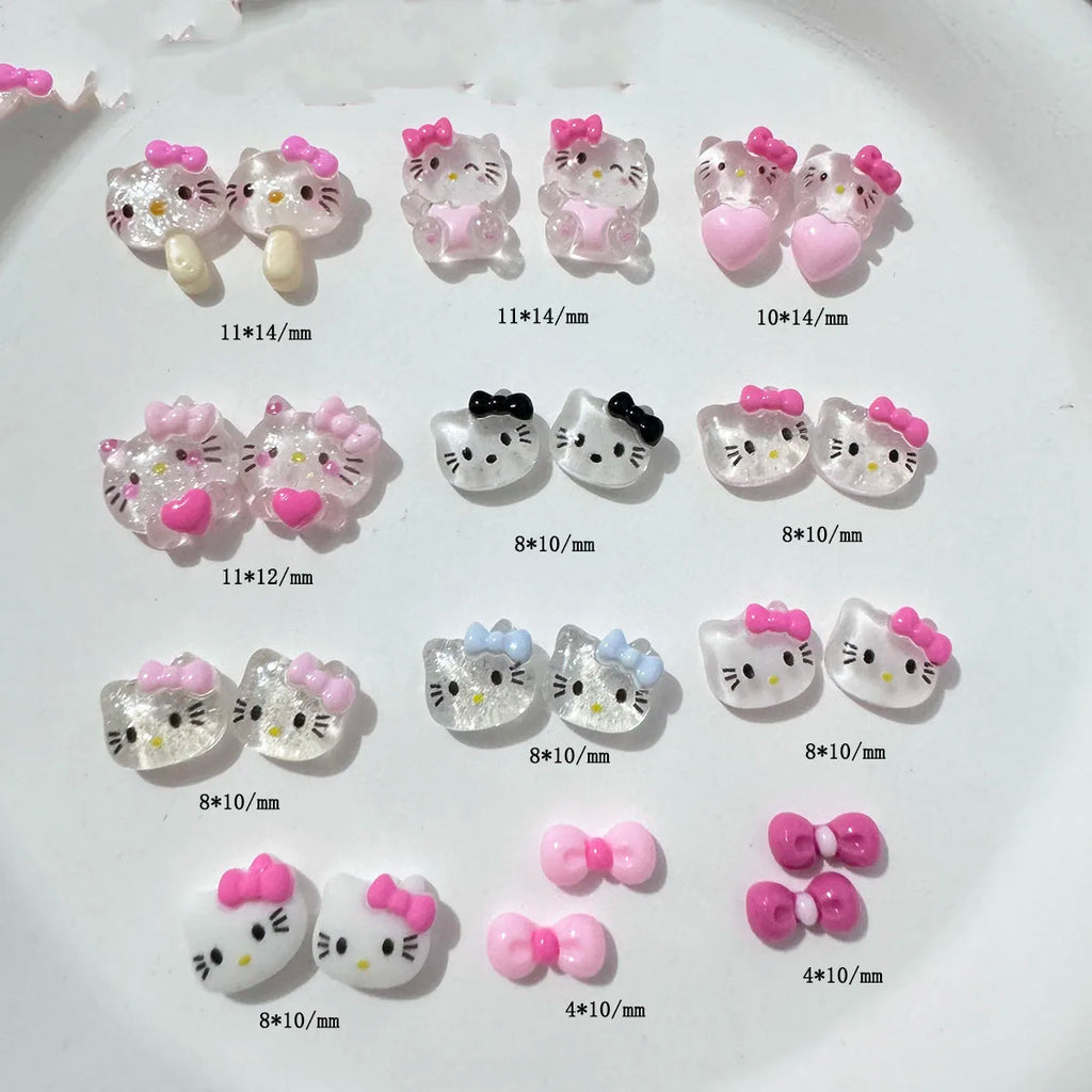 12grids/Box 3D Cartoon Bow Hello Kitty Head Nail Art Charms Kawaii Glittery Kitty Cat Flat Back Nail Decorations KT Manicure Dec