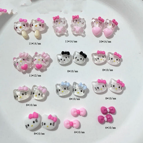 12grids/Box 3D Cartoon Bow Hello Kitty Head Nail Art Charms Kawaii Glittery Kitty Cat Flat Back Nail Decorations KT Manicure Dec
