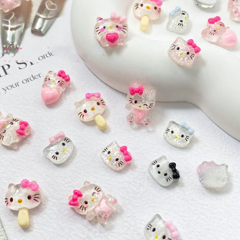 12grids/Box 3D Cartoon Bow Hello Kitty Head Nail Art Charms Kawaii Glittery Kitty Cat Flat Back Nail Decorations KT Manicure Dec