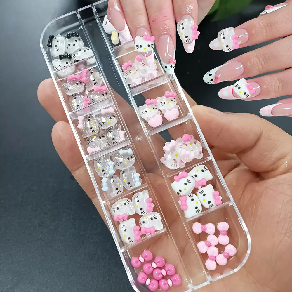 12grids/Box 3D Cartoon Bow Hello Kitty Head Nail Art Charms Kawaii Glittery Kitty Cat Flat Back Nail Decorations KT Manicure Dec