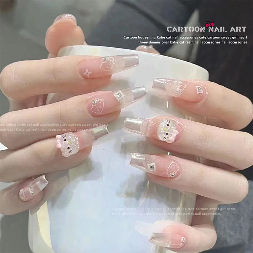 12grids/Box 3D Cartoon Bow Hello Kitty Head Nail Art Charms Kawaii Glittery Kitty Cat Flat Back Nail Decorations KT Manicure Dec