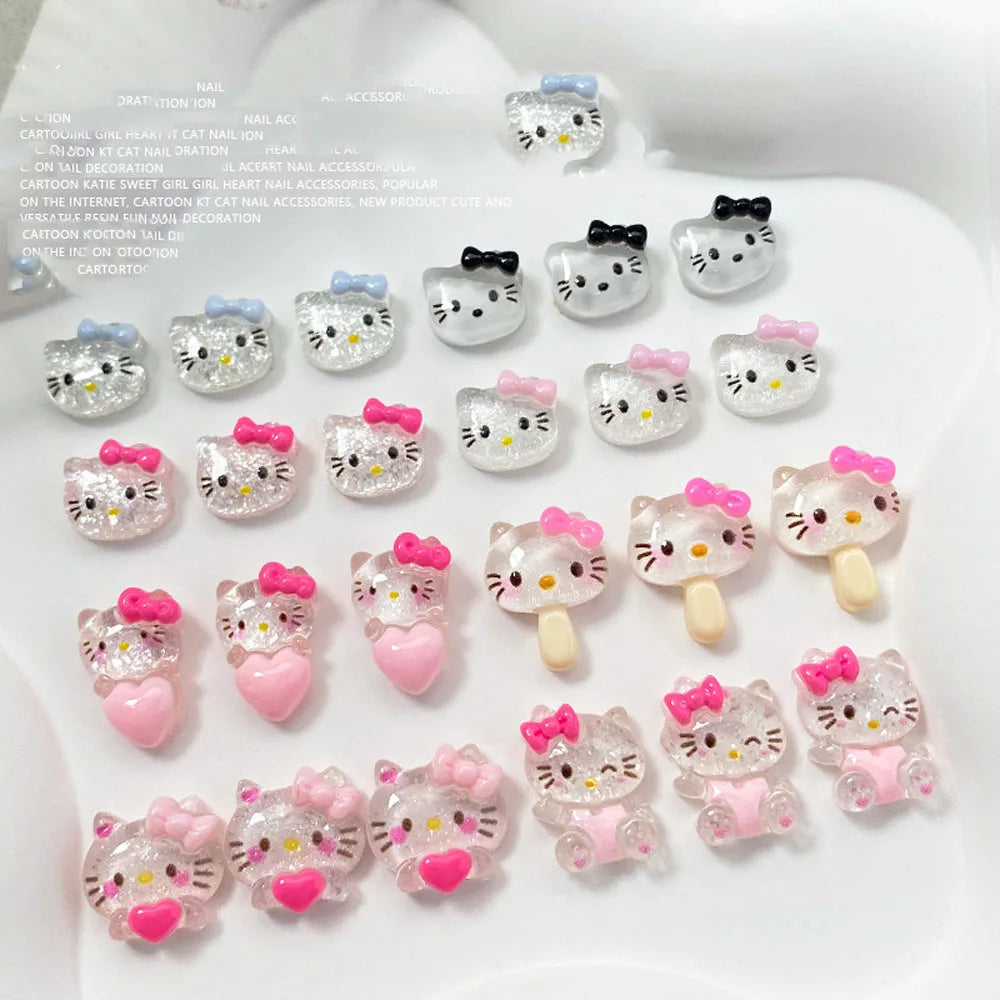 12grids/Box 3D Cartoon Bow Hello Kitty Head Nail Art Charms Kawaii Glittery Kitty Cat Flat Back Nail Decorations KT Manicure Dec