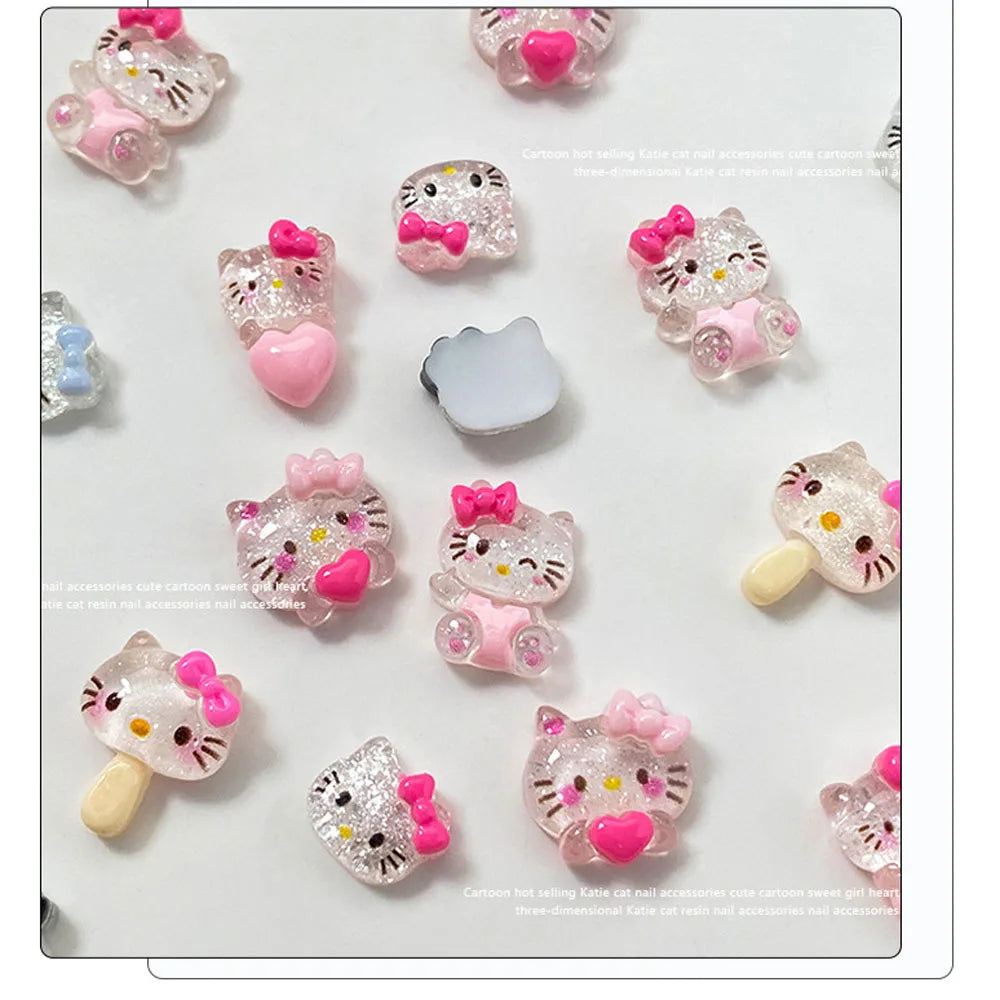 12grids/Box 3D Cartoon Bow Hello Kitty Head Nail Art Charms Kawaii Glittery Kitty Cat Flat Back Nail Decorations KT Manicure Dec